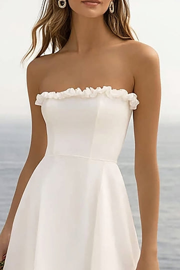 White Chiffon Ruffled Strapless High-Low Graduation Dress
